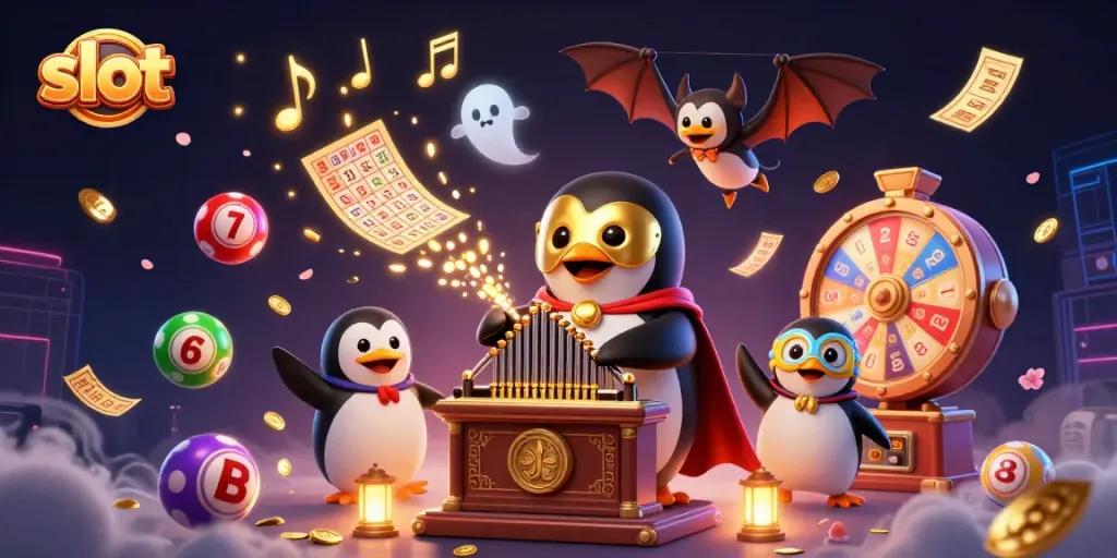Menyaksikan slot dengan penguin opera bermain organ emas di tengah confetti tiket dan bola lotre berwarna-warni.