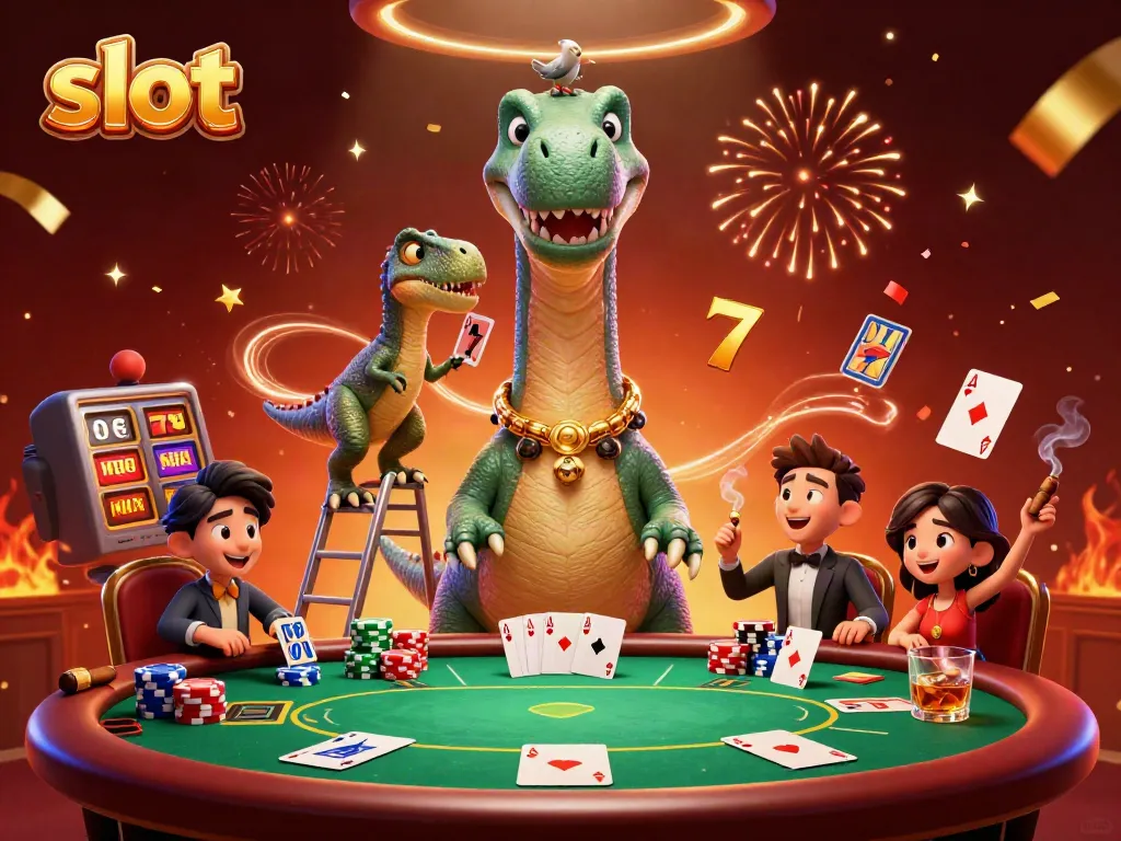 Simulasi permainan slot dengan brontosaurus dan raptor di kasino.