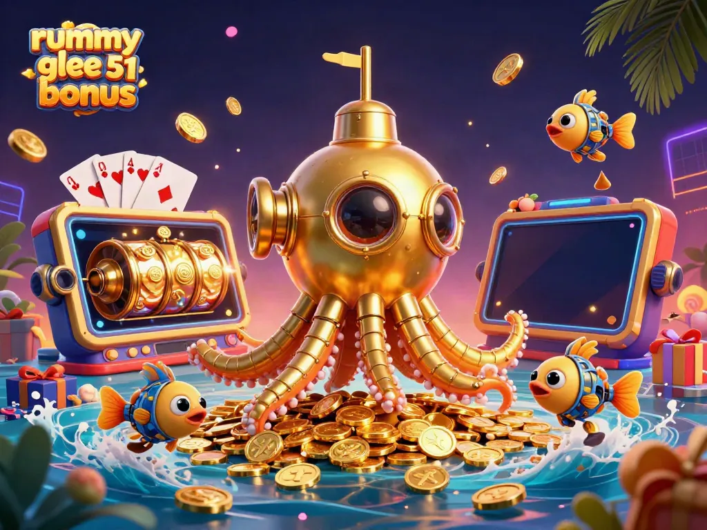 Menangani permainan Rummy Glee 51 bonus di tengah lautan koin emas dan elemen slot game.