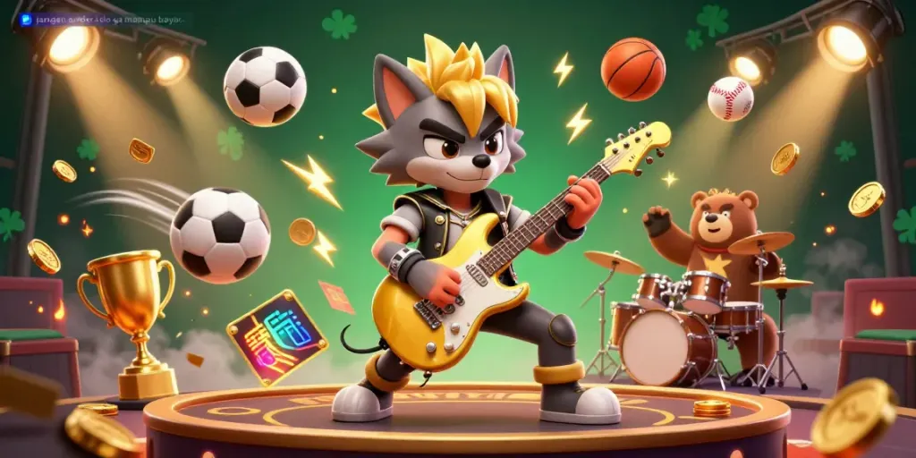 Experience the thrill of gaming with a dynamic wolf rock star and bear drummer in an arcade scene, don't order if you can't pay..