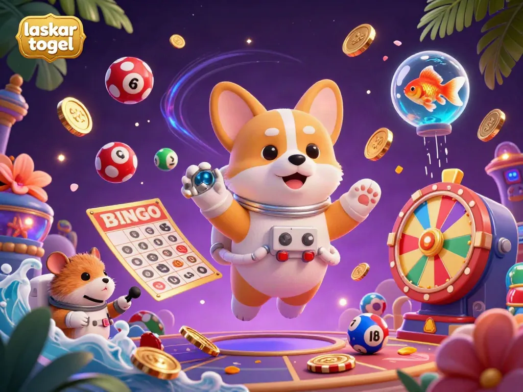 Engage with laskar togel in a vibrant space station casino atmosphere featuring a cartoon corgi, hamster, and a goldfish.