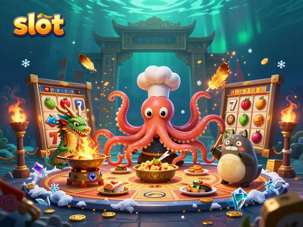 Engaging illustration of a vibrant casino scene featuring slot machines, an octopus chef, and a fire-breathing dragon.
