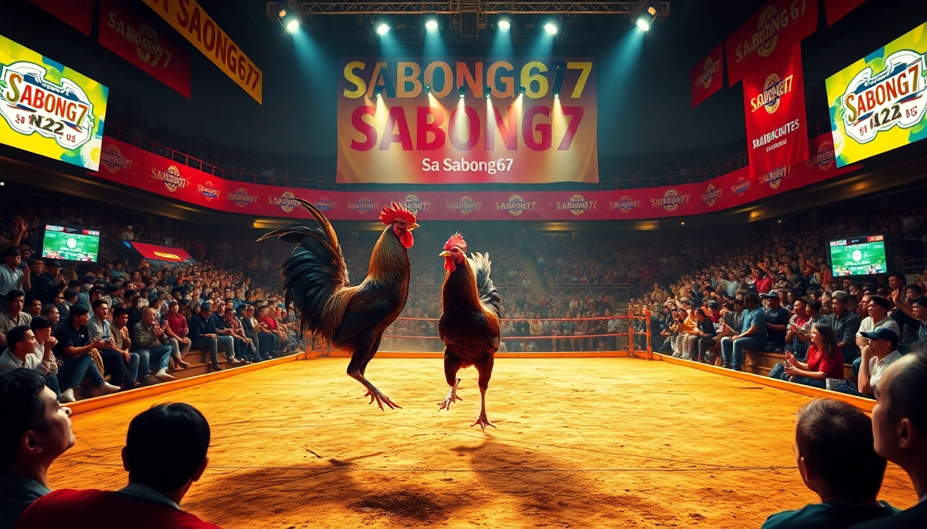 Exciting live cockfighting at Sabong67, showcasing dagatructiep 1 with vibrant atmosphere and roosters in action.