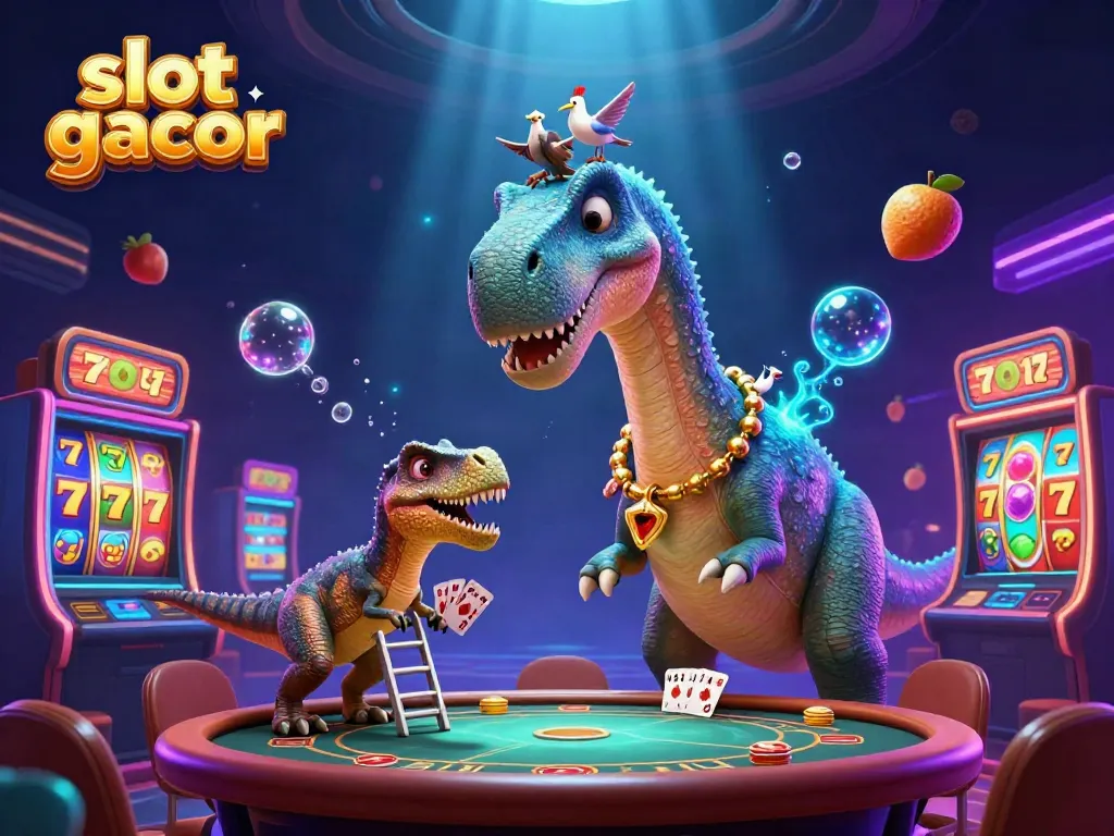 Experience an exciting slot gacor scene with a dinosaur dealer and vivid casino elements.