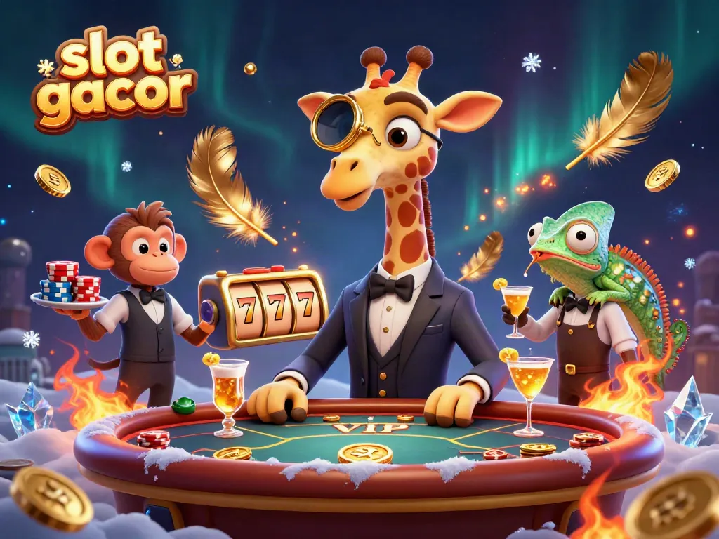Experience the captivating world of slot gacor with a high-roller giraffe and vibrant casino elements.
