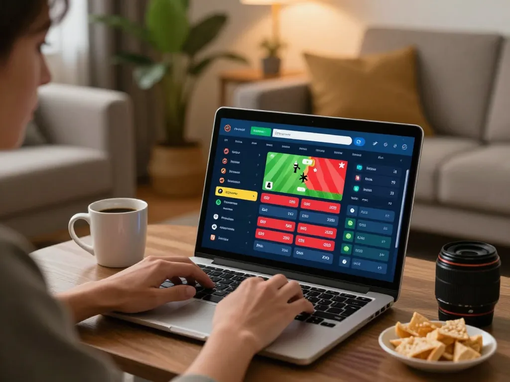 Person engaging in sports betting on HUBET using a laptop in a cozy home setting