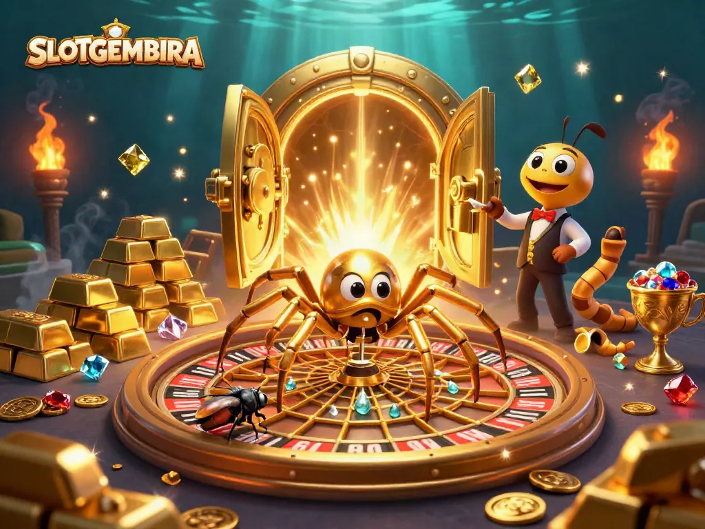 Experience thrilling bets with SLOTGEMBIRA as the golden spider spins its roulette wheel web.
