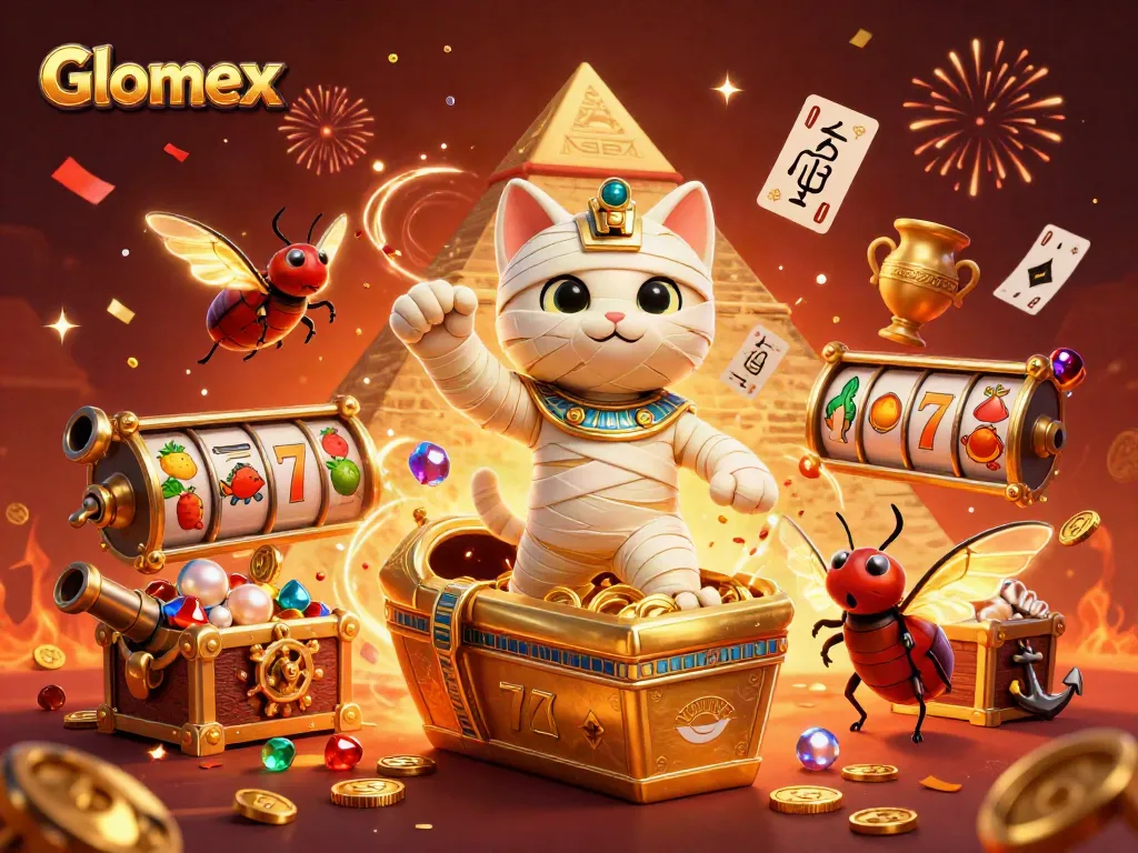Engage with Glomex in an energetic 3D casino scene featuring a mummy cat and golden treasures.