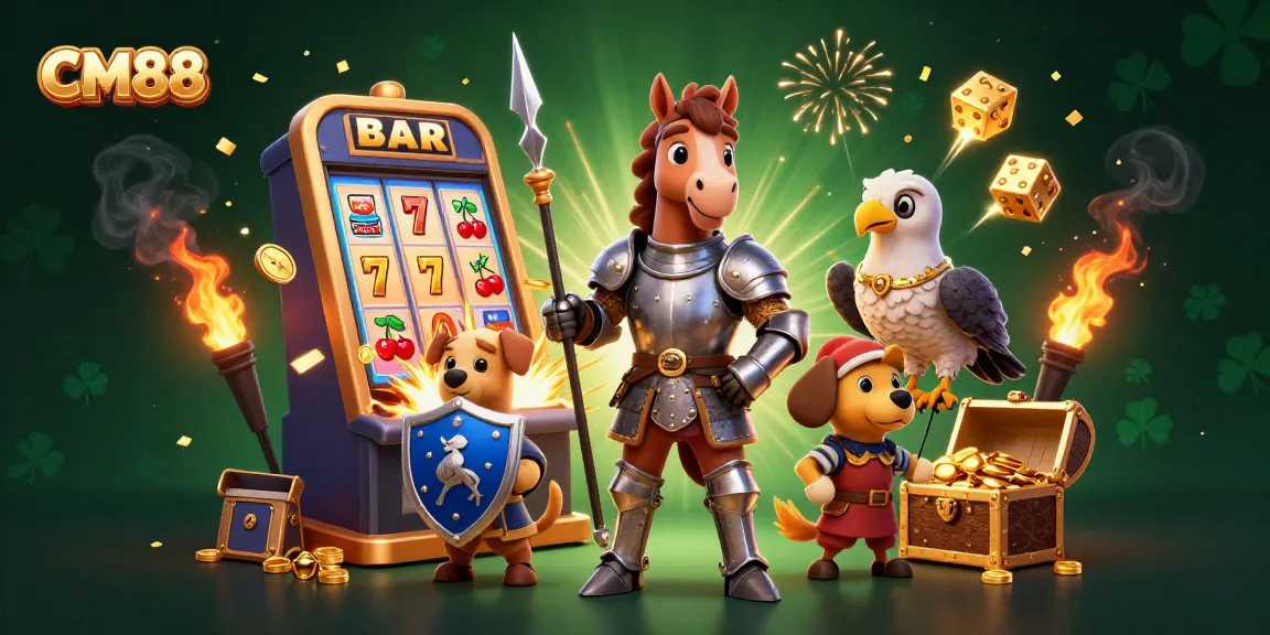 Engage with CM88's vibrant slot machine jackpot experience featuring animated characters and casino elements.