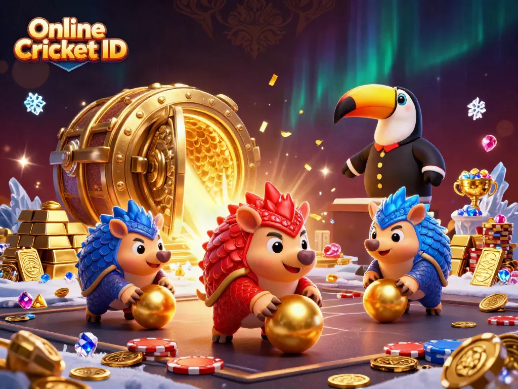 Online Cricket ID illustration with pangolins in armor bowling through poker chips