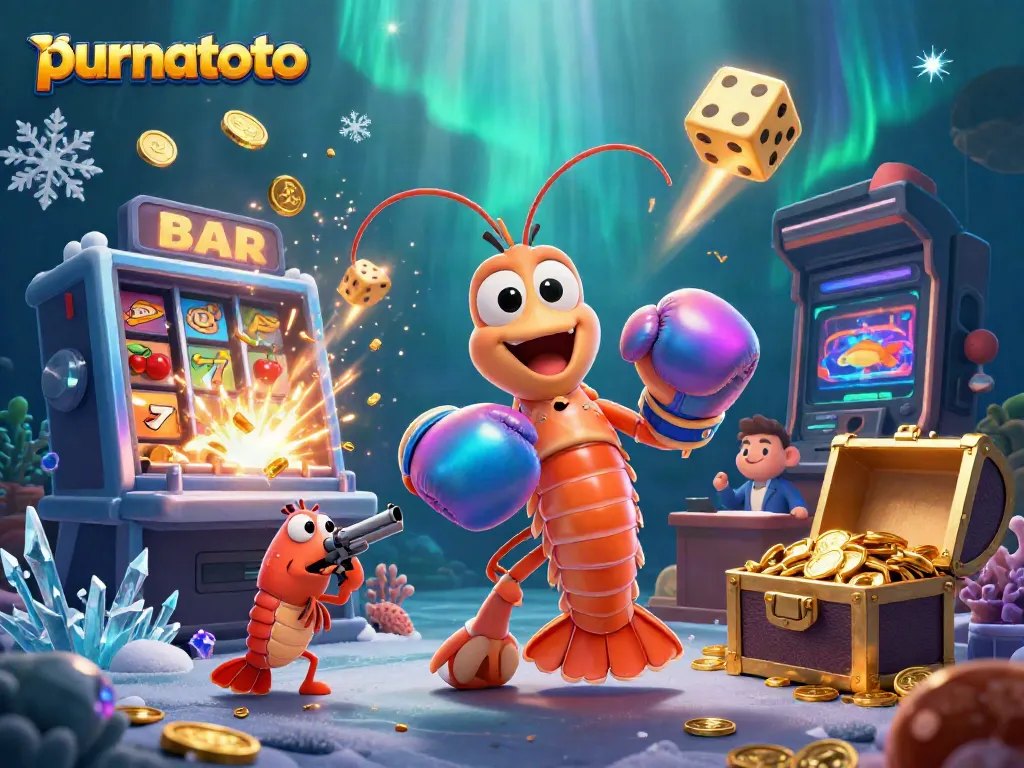 Menggapai jackpot di purnatoto dengan slot machine berkilau dan karakter kartun 3D yang menghibur.