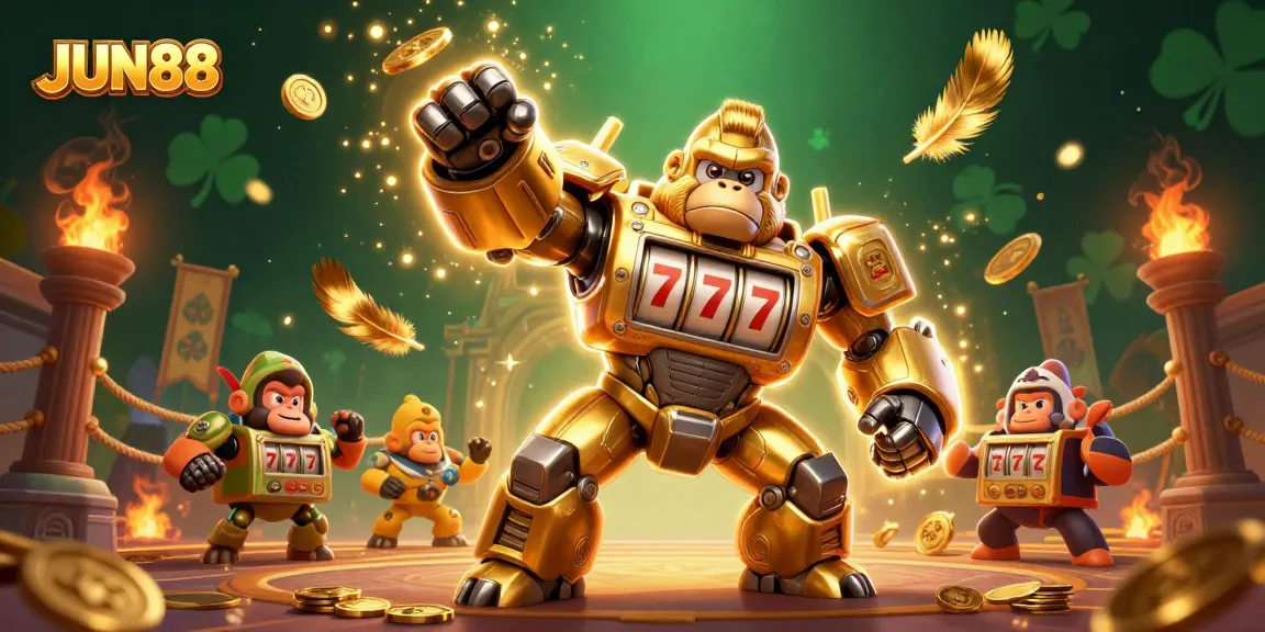 Join the excitement at JUN88 with a vibrant 3D casino scene showcasing winning slot machines and dynamic elements.