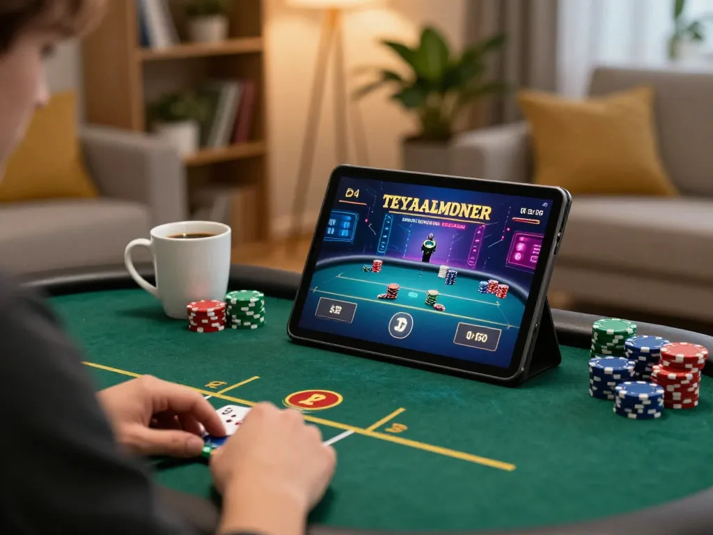 Engaged player analyzing poker strategy in antoinelarocque themed online gaming setup with tablet interface.