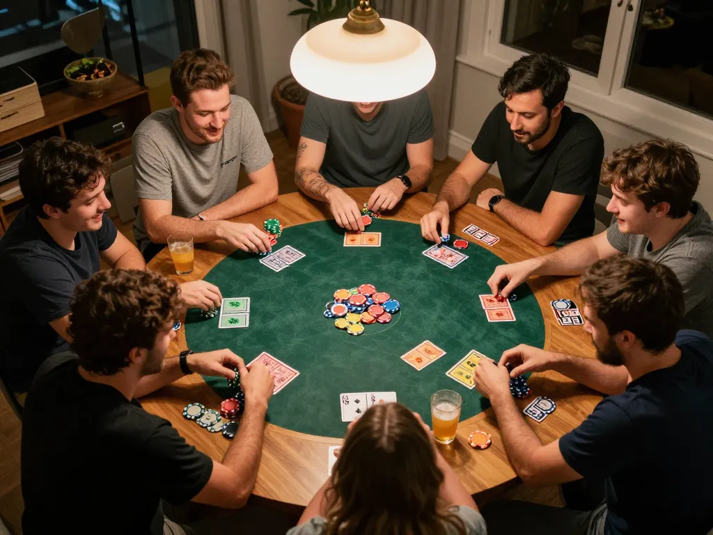 Players enjoying game bai with cards at round table, capturing strategic moments and excitement