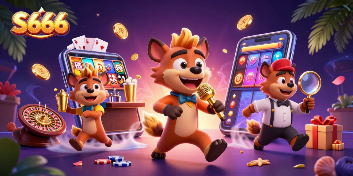 Experience exciting games at S666, featuring vibrant hyena characters in a lively casino scene.