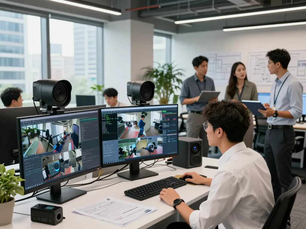 Technician analyzing HD4D camera systems in a modern tech office.