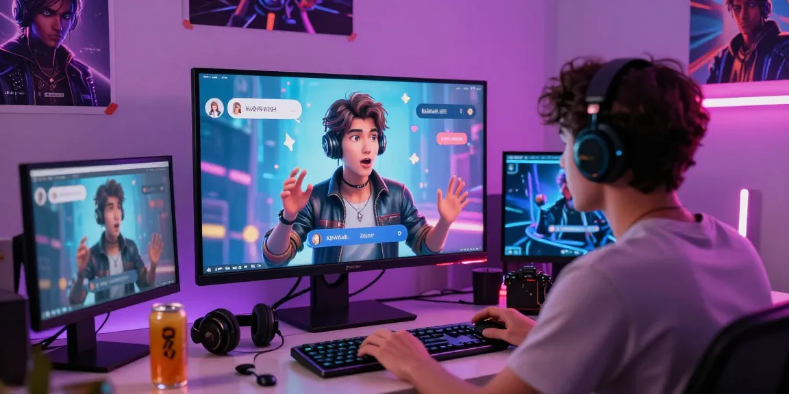 User enjoying a lively nsfw ai chat with a playful virtual character in a vibrant digital environment, surrounded by tech elements.