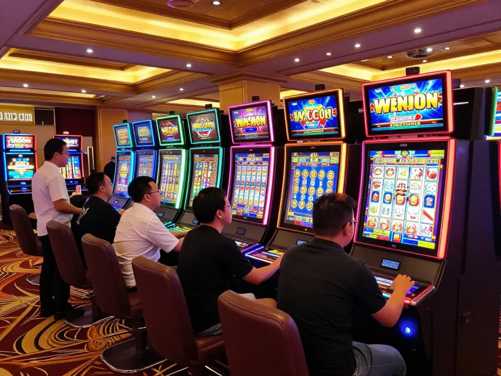 Players exploring slot gacor machines in a colorful casino environment, showcasing vibrant excitement and potential wins.