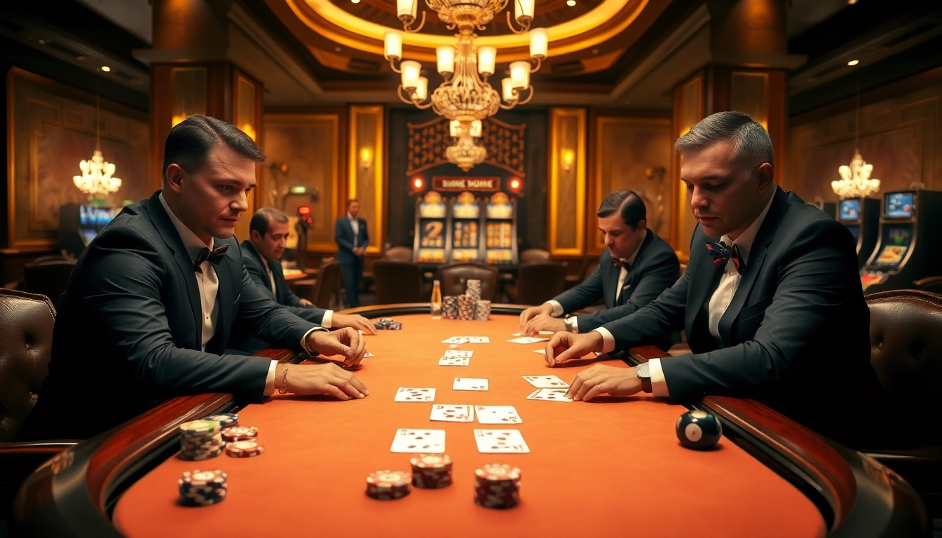 Intense poker game on a luxurious table representing the thrill of gambling at https://king888.dev/ with vibrant poker chips and focused players.