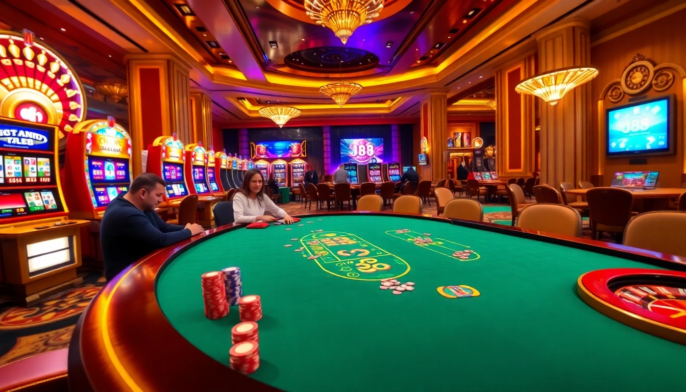 Exciting casino scene showcasing j88 poker gameplay with vibrant chips, roulette wheel, and slot machines.