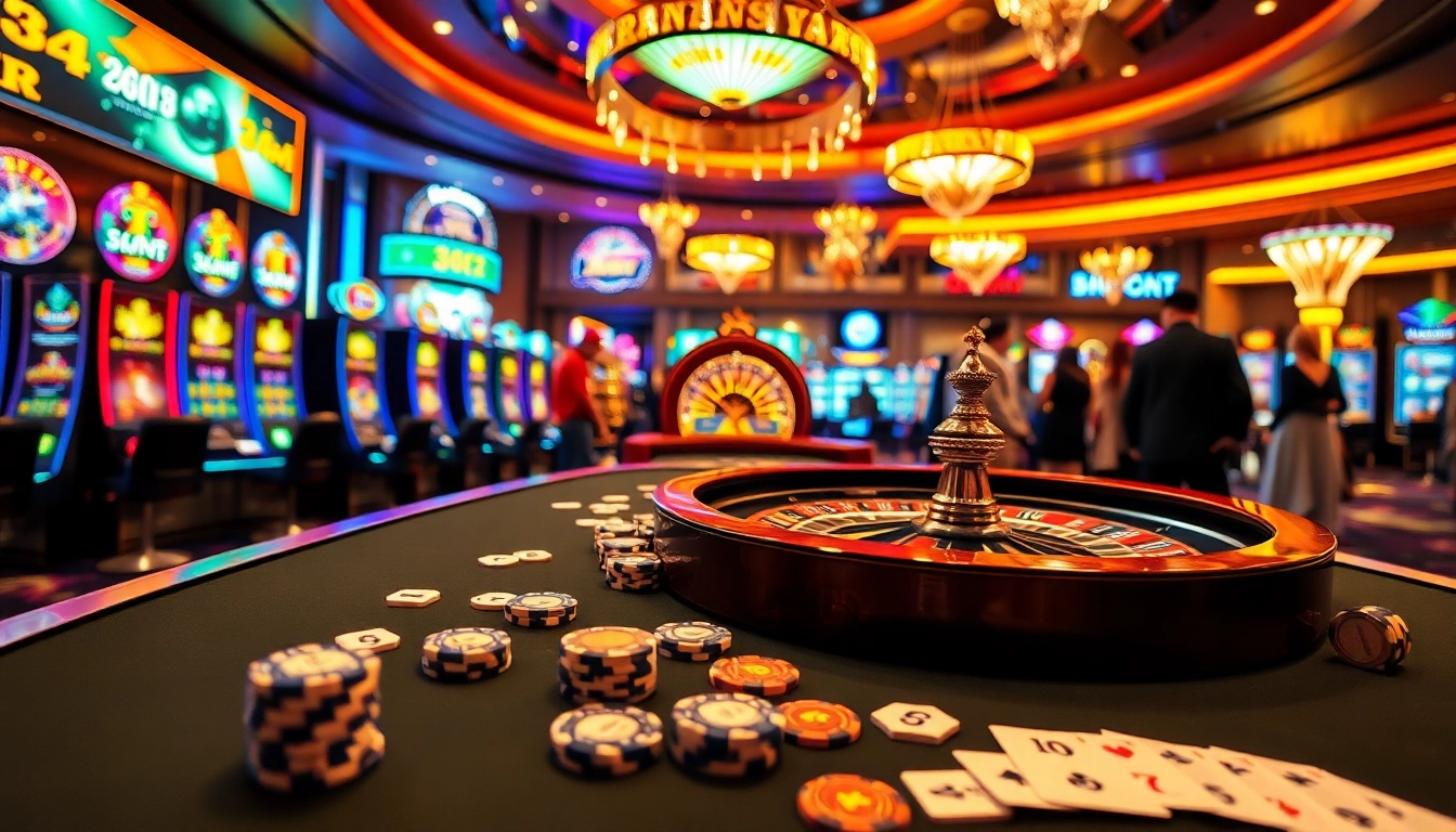 Exciting casino atmosphere at 8DAY with poker chips, colorful slot machines, and roulette.