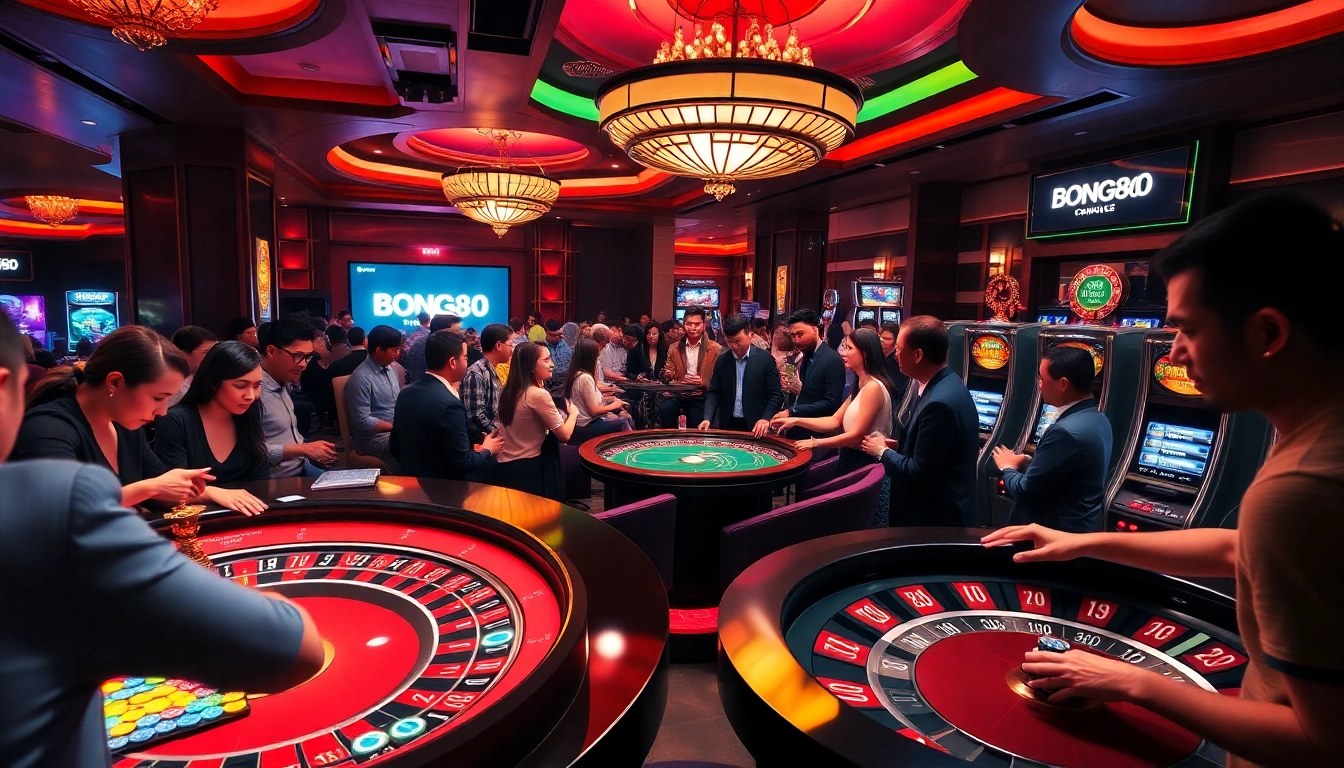 Bong88 gamblers engage at a luxurious casino table, featuring poker chips and a vibrant roulette wheel.