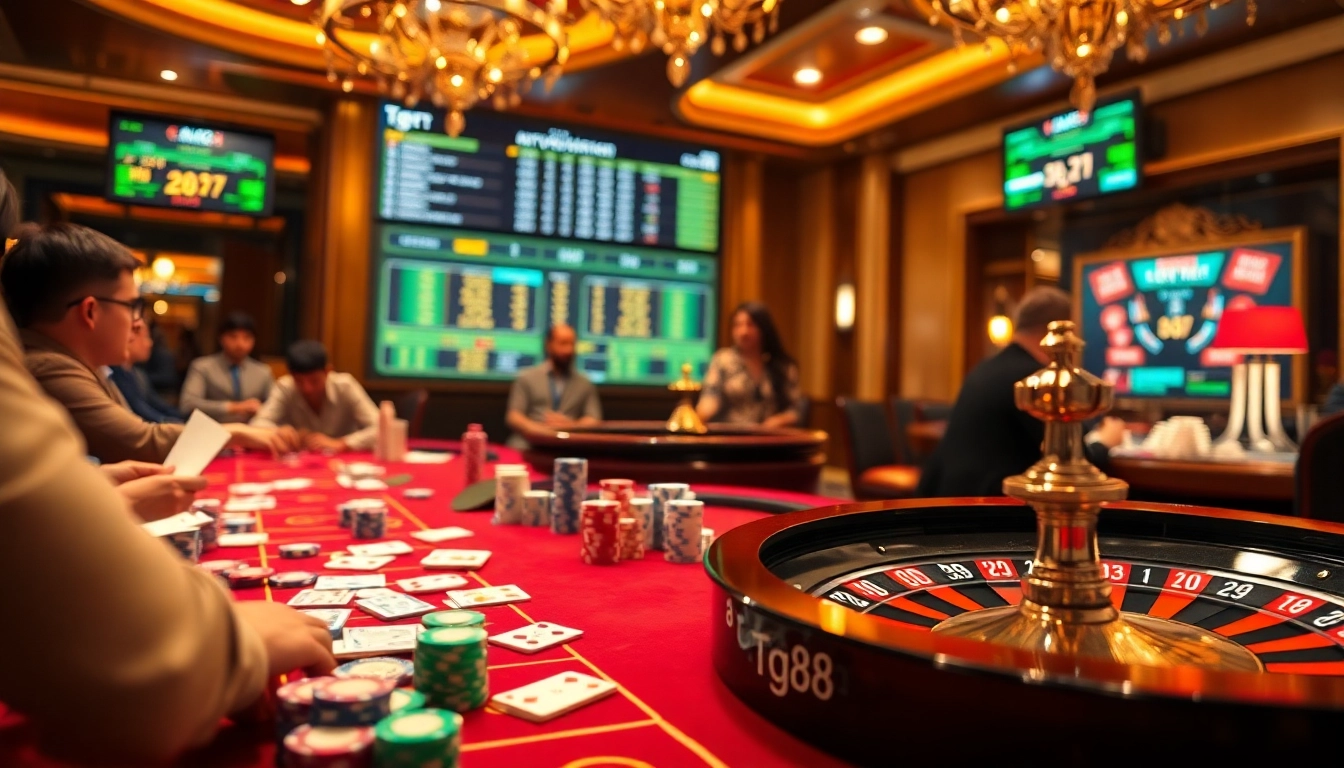 Players engaging in thrilling casino action at tg88, with poker chips and cards on a vibrant table.