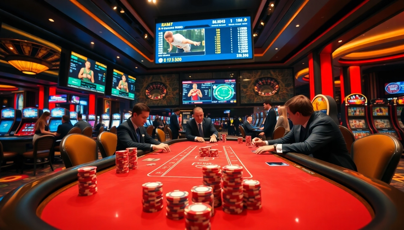 Engaging scene of a casino with players at a poker table showcasing kèo nhà cái 5 excitement.