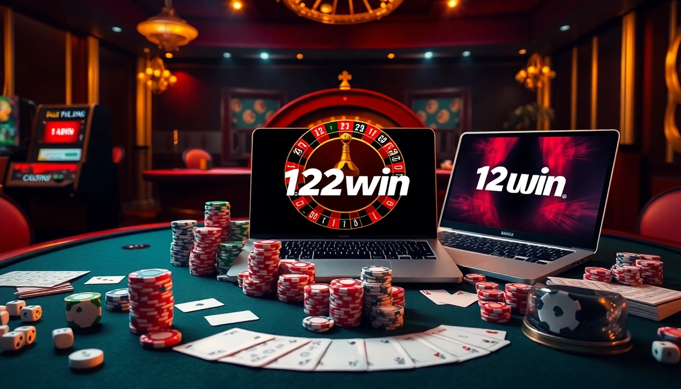 Exciting gambling scene highlighting 123win with poker chips and a roulette wheel.