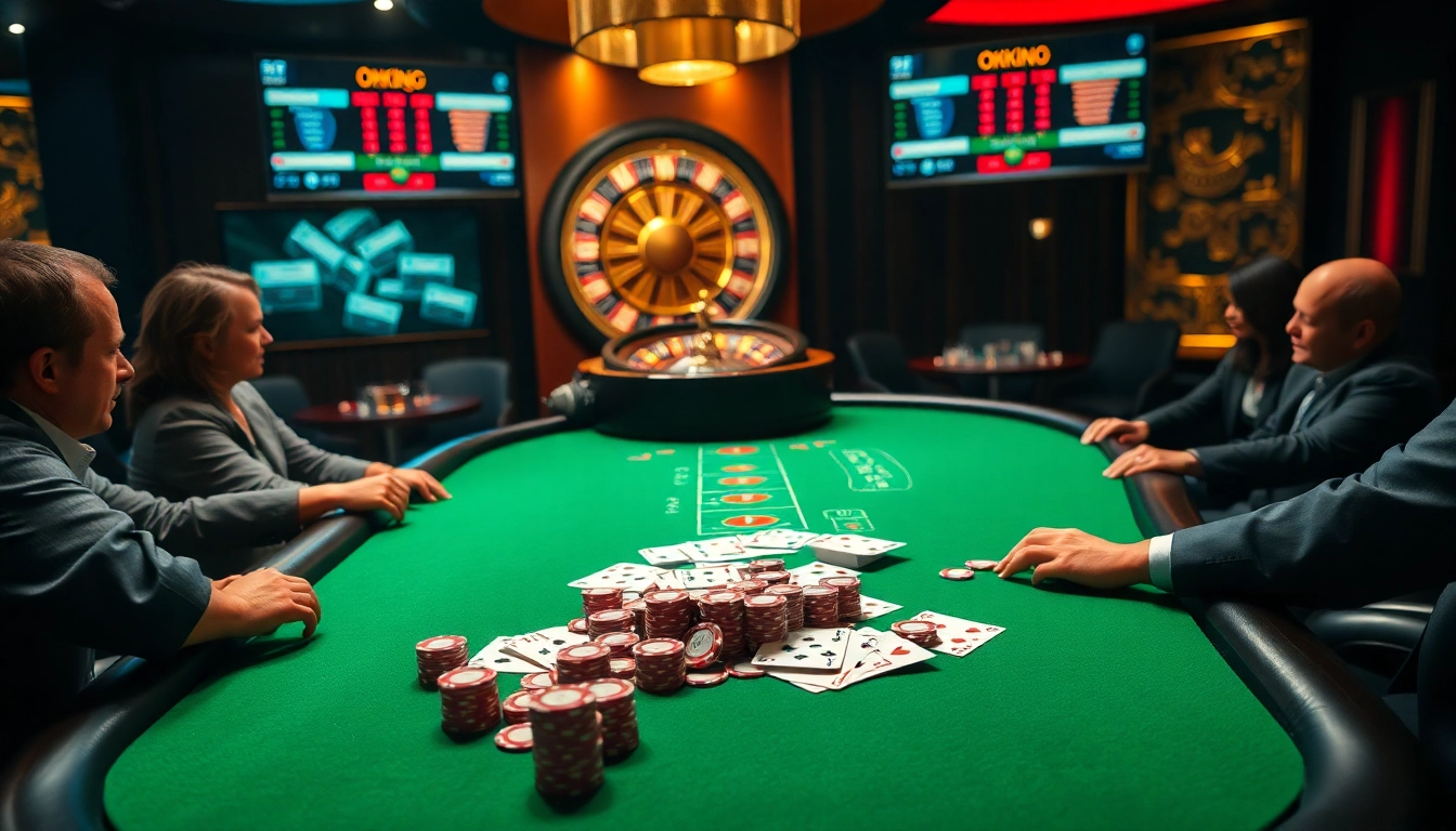 Experience the thrill of betting at the Okking casino table with vibrant poker chips and cards.