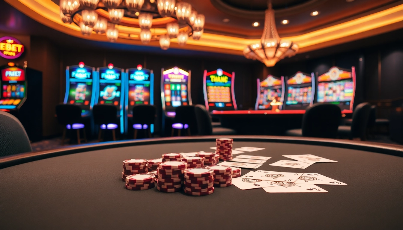 Players enjoying high-stakes poker at a FEBET casino table with vibrant slot machines in the background.