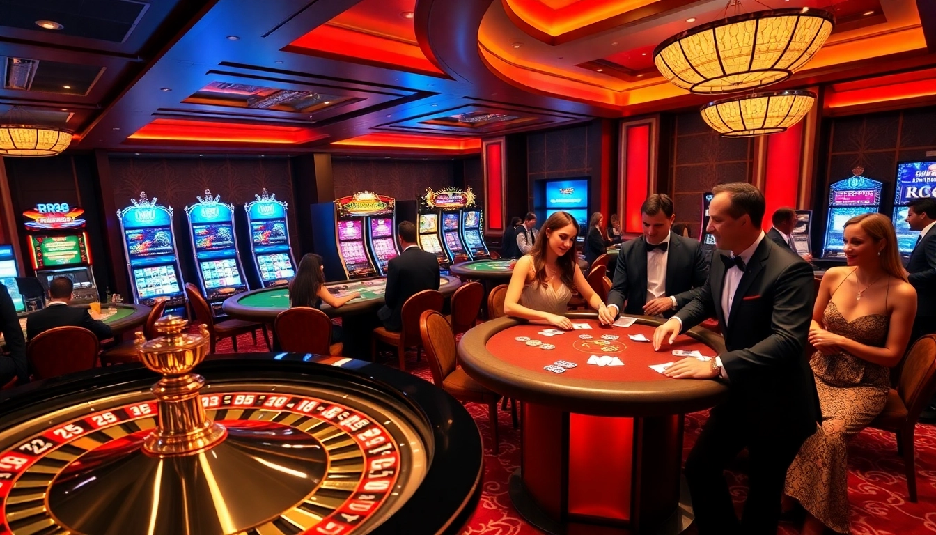 Incredible casino atmosphere showing players engaging in games at RR88 with roulette and poker.