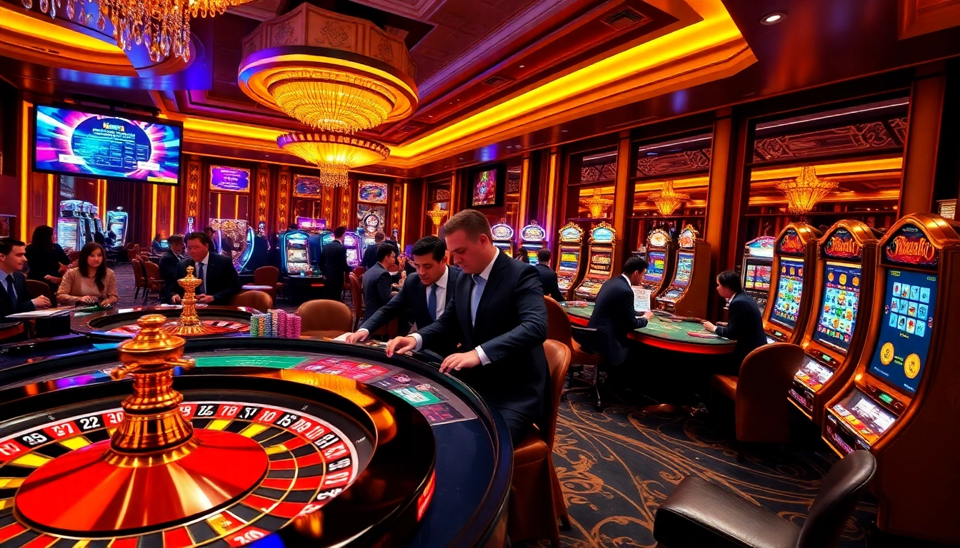 Players enjoying high-stakes action at MK8thai online casino, featuring vibrant tables and slot machines.