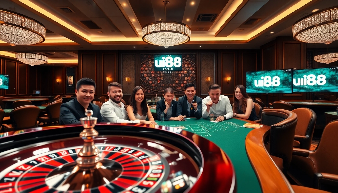 Experience thrilling action at UU88 casino with players engaged at roulette and poker tables.