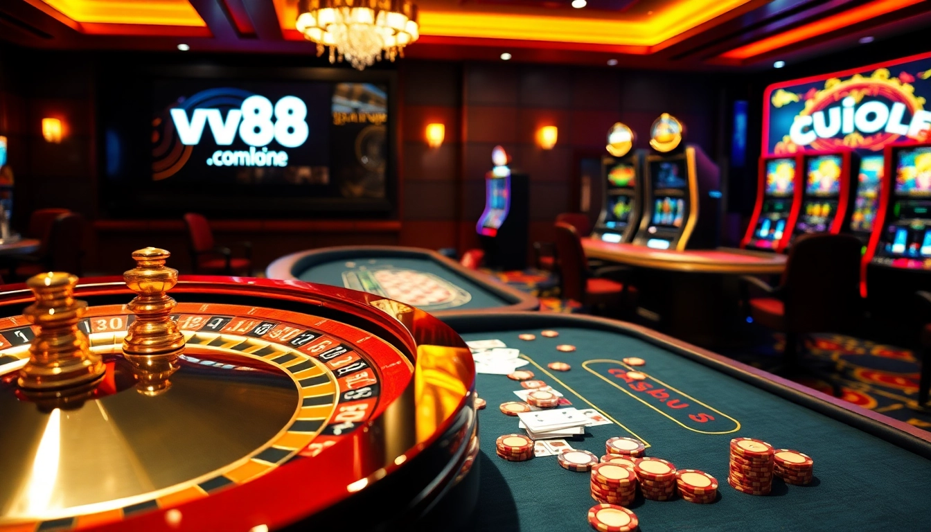 High-stakes gaming at ww88 com with a luxurious poker table and roulette wheel.