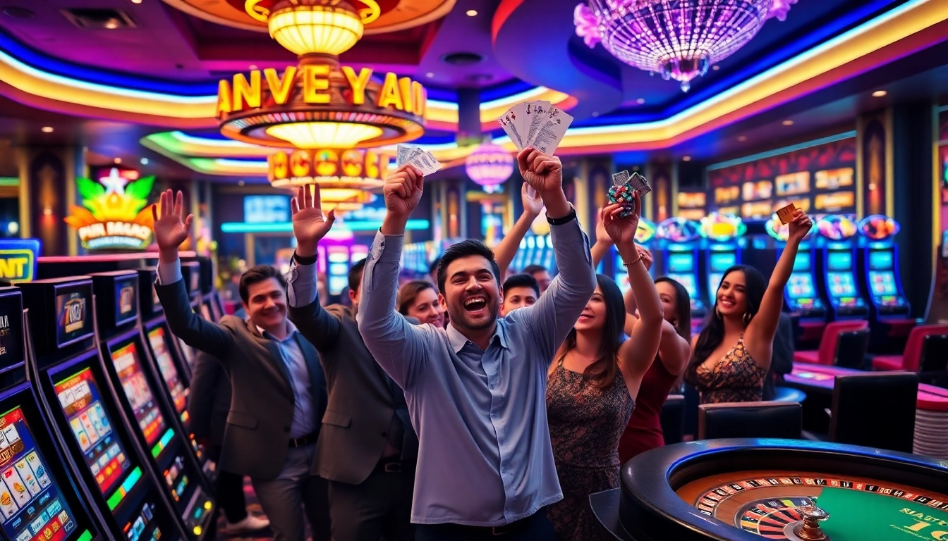 Players celebrating a jackpot win at juragan77's vibrant casino slot area.