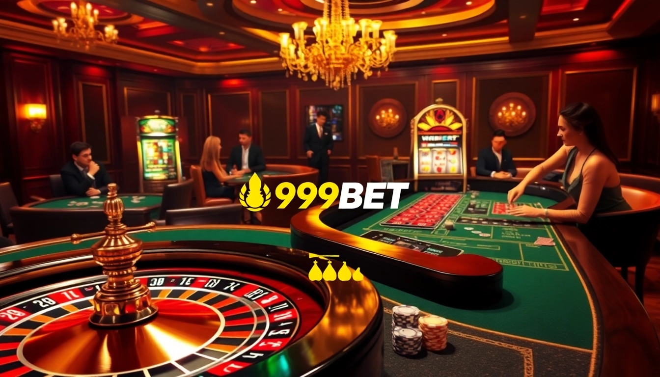 Players enjoying an exciting gambling experience at 999BET casino, featuring roulette and vibrant slot machines.