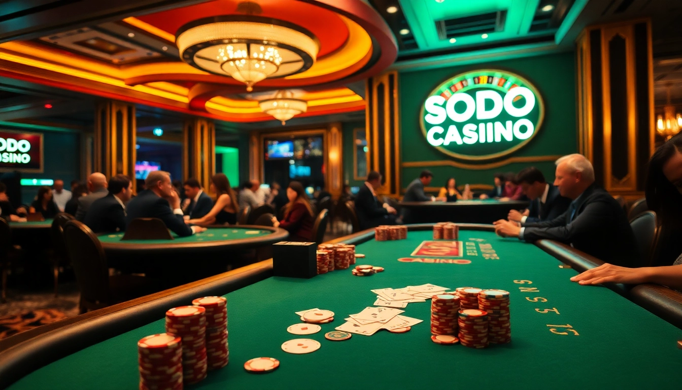 Intense gambling action at SODO CASINO with vibrant poker tables and thrilling roulette wheels.