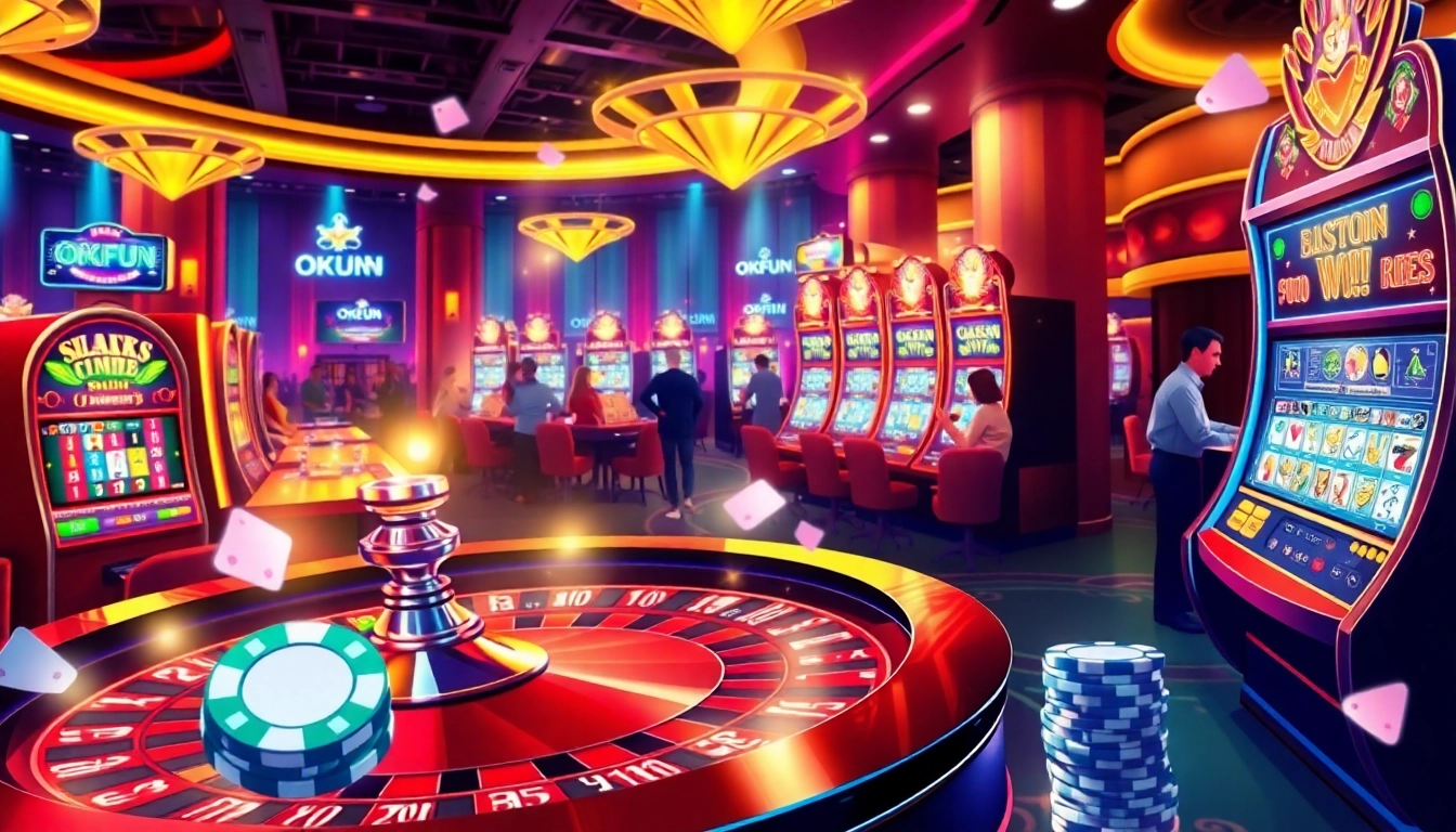 Exciting gaming action at OKFUN online casino with roulette, slots, and players.
