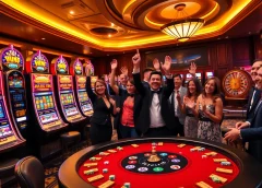 Players celebrating big wins on exciting slot gacor machines in a luxurious casino.