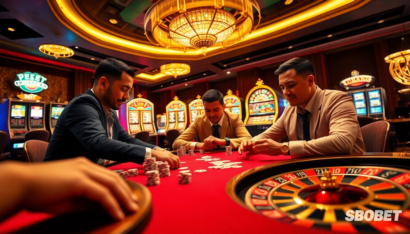 SBOBET poker players immersed in an exciting high-stakes game surrounded by lavish casino elements.