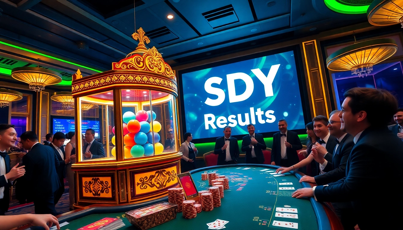 Live SDY game event featuring an elegant draw machine, participants excitedly anticipating results.