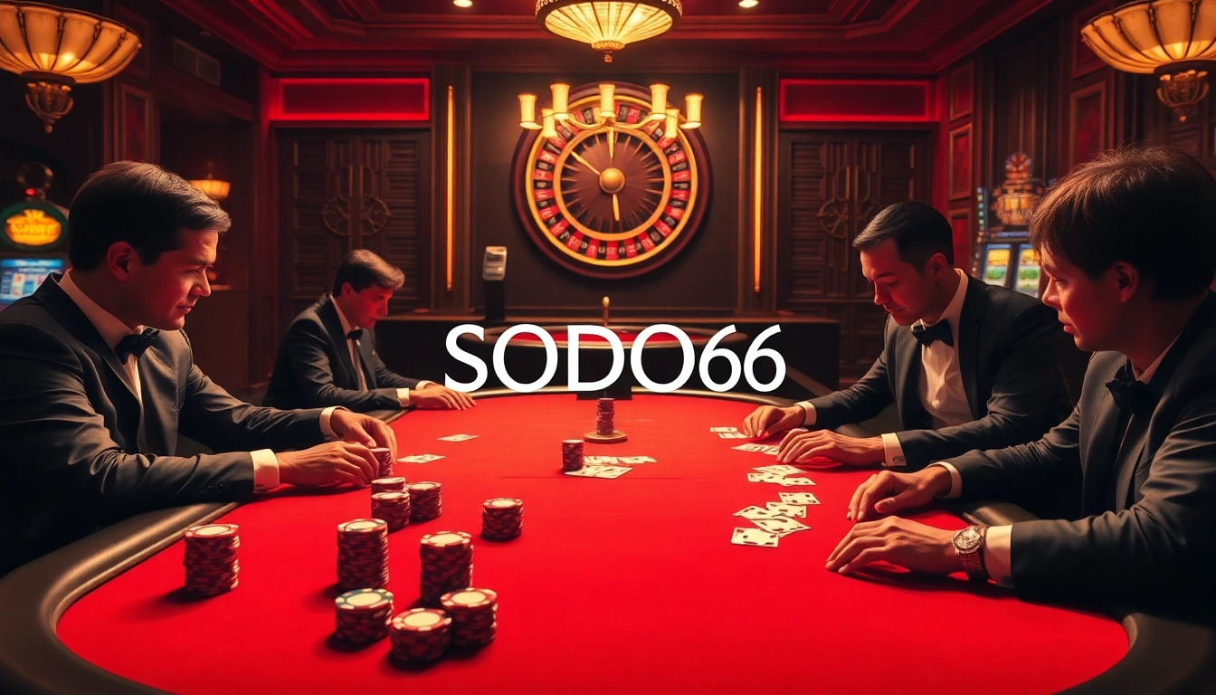Players engaging in high-stakes poker at SODO66's luxurious casino table.