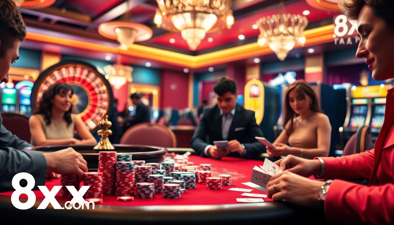 Experience high-stakes gambling action at 8xx com with vibrant casino scenes, poker tables, and roulette excitement.