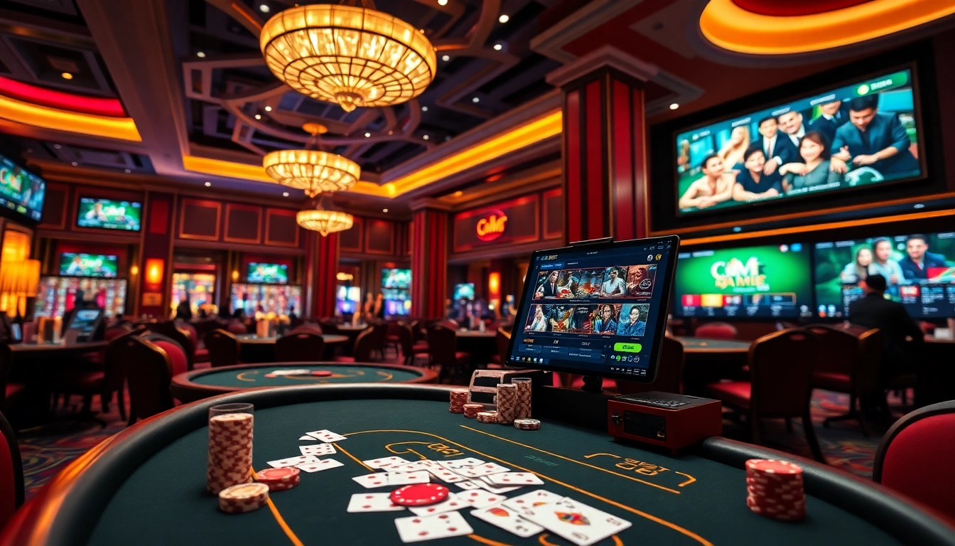 Cổng Game DEBET showcases top casino tables and exciting online betting interfaces in a luxurious setting.
