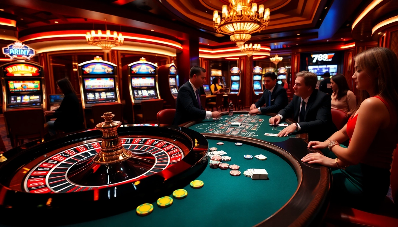 Interactive gaming at 789club with poker chips, cards, and a roulette table in a vibrant atmosphere