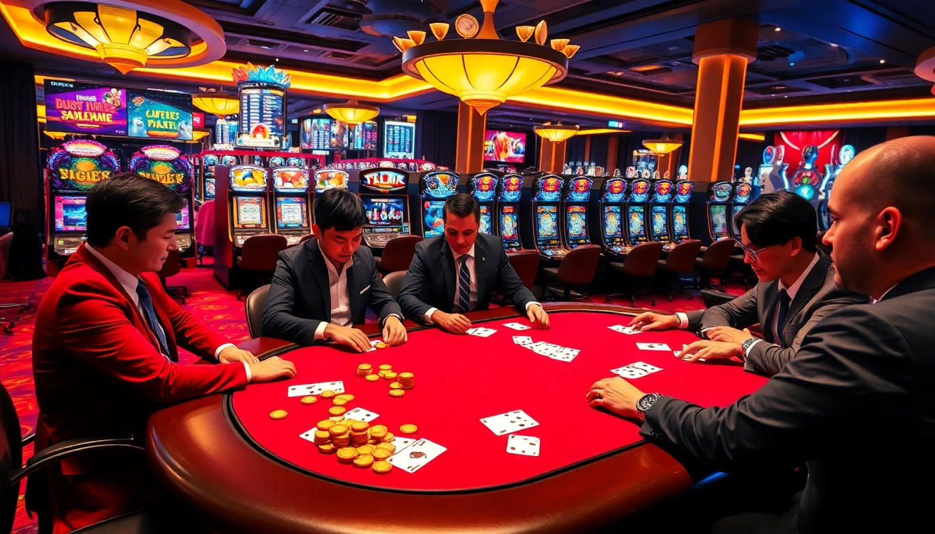 Players enjoying an intense poker game with HB88 at a luxurious casino table.