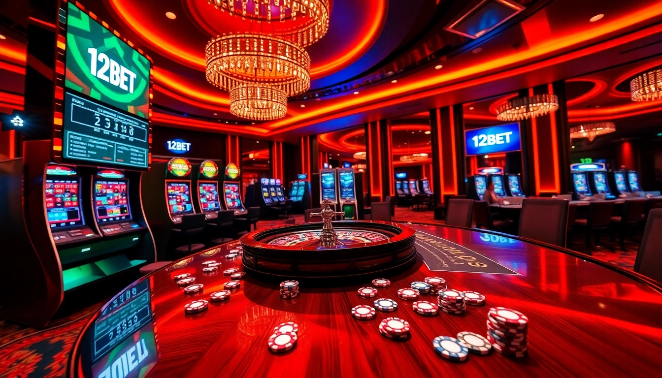 Players engaging in thrilling games at 12BET's modern casino tables and slot machines.