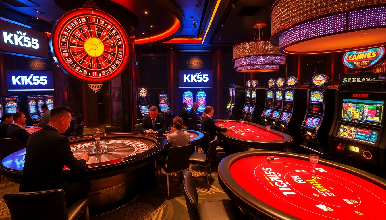 KK55 members enjoying a thrilling casino atmosphere with poker chips and a roulette wheel.