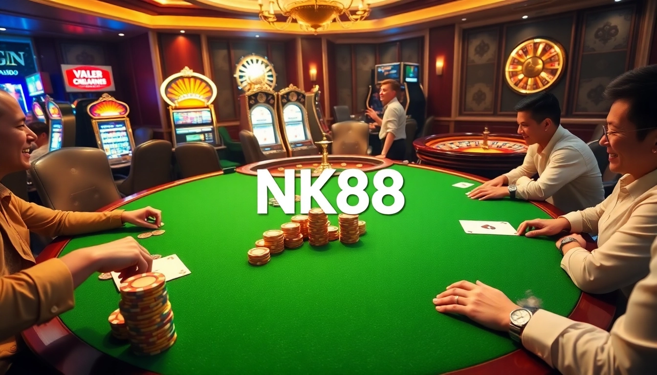 Exciting gaming action at NK88 casino table with colorful poker chips and vibrant ambiance.